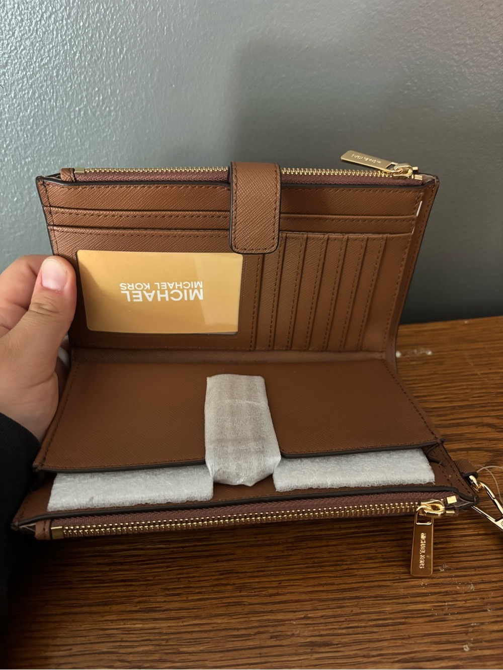 Michael Kors Tan/Brown Saffiano Zip Wristlet with Gold Logo - Picture 3 of 4